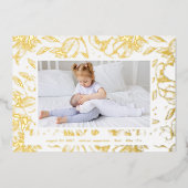 エレガント金ゴールド生まれたばかりのフローラ4フォトベビー誕生 箔招待状 (正面)