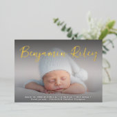 エレガント金ゴールド男の赤ちゃんフォトカスタム誕生の状態 箔シーズンカード (立ち正面)