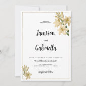 エレガント金ゴールド白いユリ結婚の花 招待状 (正面)