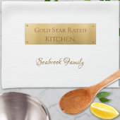 エレガント金ゴールド白パーソナライズされたファミリ名ロゴ キッチンタオル