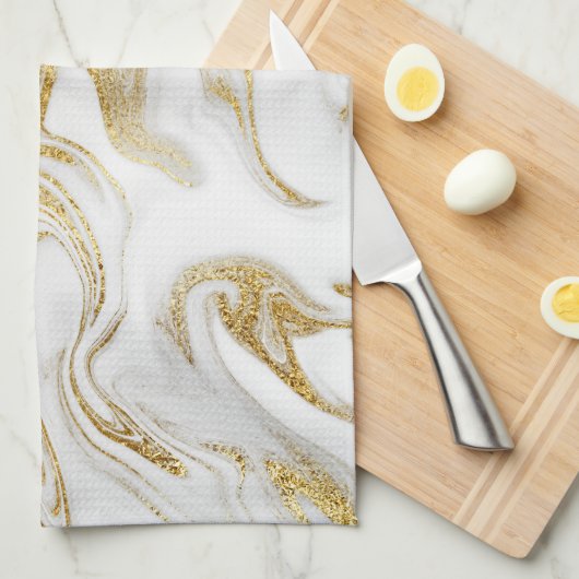 エレガント金ゴールド白フェイク大理石クリスマス キッチンタオル (四つ折り)
