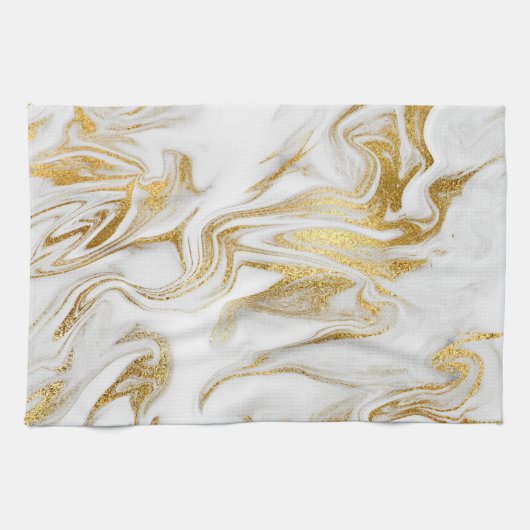 エレガント金ゴールド白フェイク大理石クリスマス キッチンタオル (横)