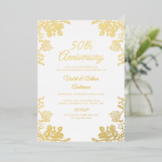 エレガント金ゴールド白フローラ50結婚周年記念 箔招待状 (立ち正面)