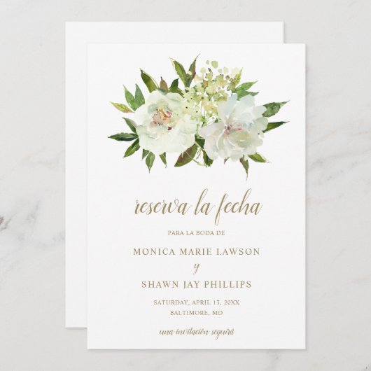 エレガント金ゴールド白モダンフローラスペインの結婚s セーブザデート (正面/裏面)