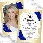 エレガント金ゴールド白王室の色写真50誕生日 招待状<br><div class="desc">エレガントフローラ50歳の誕生日の招待状とカードの後ろの写真。グラムデザインフェイク金ゴールド。青色の王室のバラ、スクリプトフォント、紙吹雪を備えている。大人スタイリッシュのお祝いパーティーに最適。独自の詳細でパーソナライズどんなカスタマイズ年でもいい！印刷されたZazzle招待状または即時ダウンロードのデジタル印刷可能なテンプレート。</div>