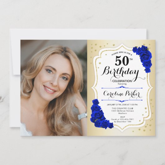 エレガント金ゴールド白王室の色写真50誕生日 招待状 (正面)