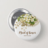 エレガント金ゴールド白色フローラメイド・オブ・オーナー（花嫁付き添い人） 缶バッジ (正面&裏面)