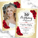 エレガント金ゴールド白赤写真50誕生日 招待状<br><div class="desc">エレガントフローラ50歳の誕生日の招待状とカードの後ろの写真。グラムデザインフェイク金ゴールド。赤いバラ、スクリプトフォント、紙吹雪を備えている。大人スタイリッシュのお祝いパーティーに最適。独自の詳細でパーソナライズどんなカスタマイズ年でもいい！印刷されたZazzle招待状または即時ダウンロードのデジタル印刷可能なテンプレート。</div>