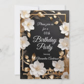 エレガント金ゴールド白黒フローラ誕生日パーティー 招待状 (正面)