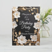 エレガント金ゴールド白黒フローラ誕生日パーティー 招待状 (スタンド正面)