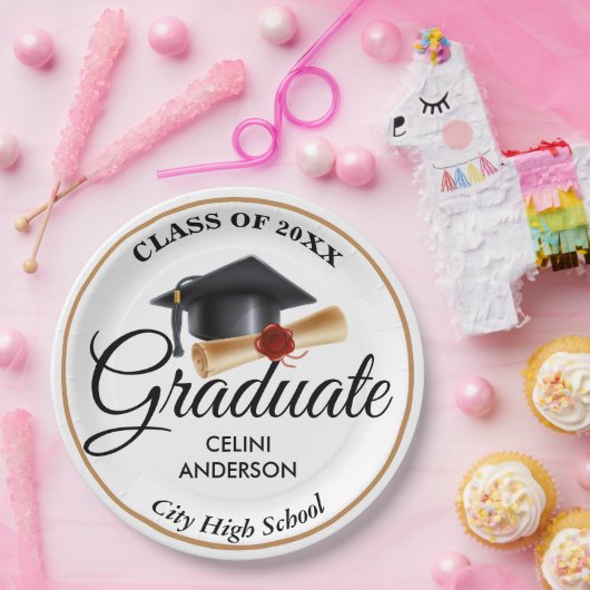 エレガント金ゴールド白黒卒業パーティー ペーパープレート (パーティー)