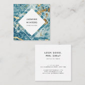 エレガント金ゴールド箔ブルー大理石水色ダイヤモンド スクエア名刺 (正面/裏面)