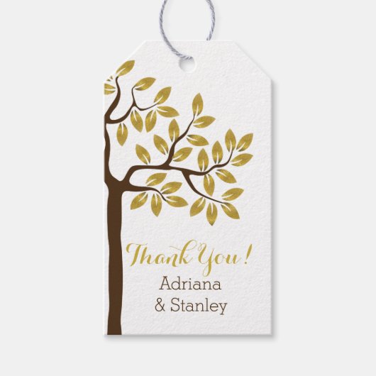 エレガント金ゴールド箔葉付きモダンの結婚木 ギフトタグ (正面)