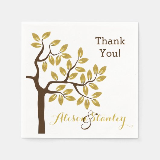 エレガント金ゴールド箔葉付きモダンの結婚木 スタンダードカクテルナプキン (正面)