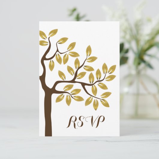 エレガント金ゴールド箔葉付きモダンの結婚木 出欠カード (スタンド正面)