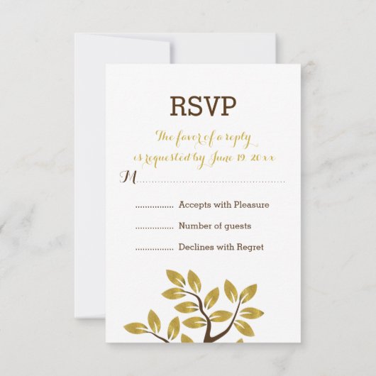 エレガント金ゴールド箔葉付きモダンの結婚木 出欠カード (裏面)