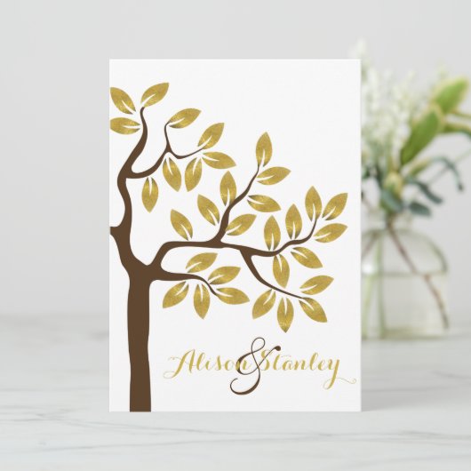 エレガント金ゴールド箔葉付きモダンの結婚木 招待状 (スタンド正面)