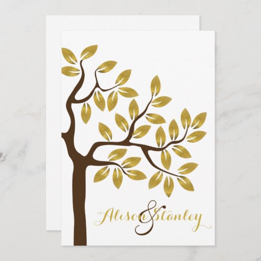 エレガント金ゴールド箔葉付きモダンの結婚木 招待状 (正面/裏面)