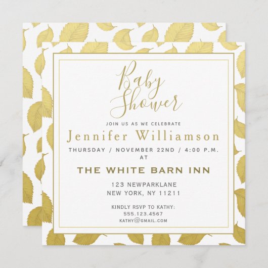 エレガント金ゴールド紅葉 – ベビーシャワー 招待状 (正面/裏面)