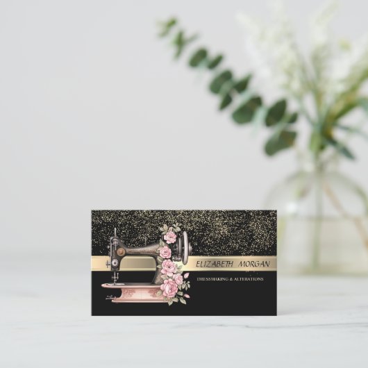 エレガント金ゴールド紙吹雪、ヴィンテージ裁縫機 名刺 (スタンド正面)