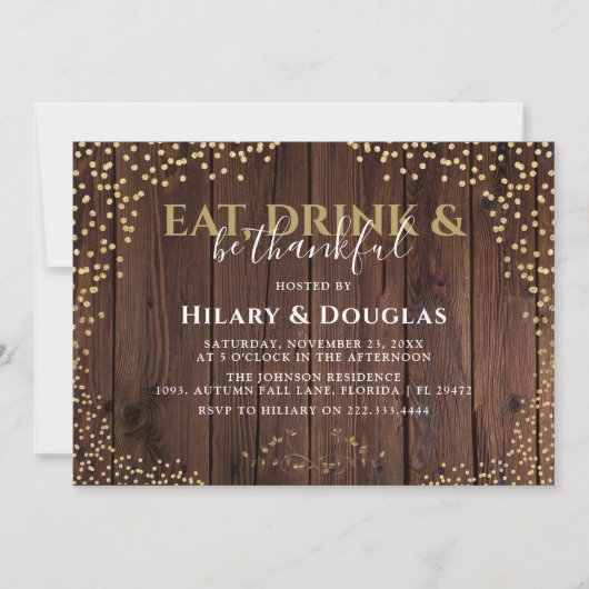 エレガント金ゴールド素朴グリッター感謝祭招待状 招待状 (正面)