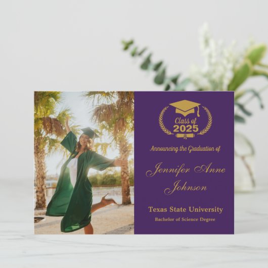 エレガント金ゴールド紫の写真卒業発表 招待状 (スタンド正面)
