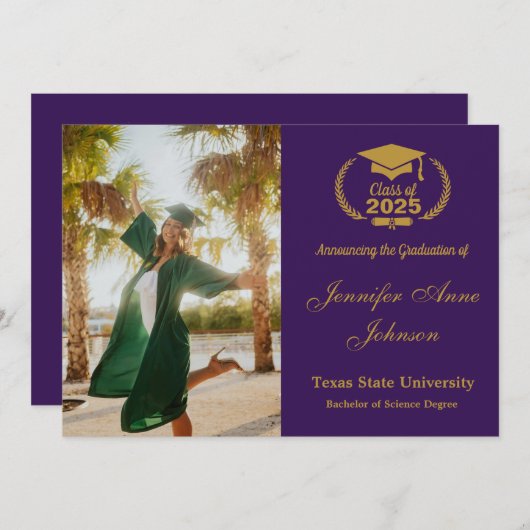 エレガント金ゴールド紫の写真卒業発表 招待状 (正面/裏面)