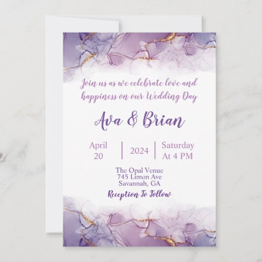 エレガント金ゴールド紫の大理石の水の色結婚の 招待状 (正面)