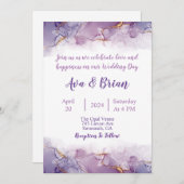 エレガント金ゴールド紫の大理石の水の色結婚の 招待状 (正面/裏面)