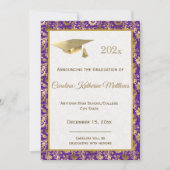 エレガント金ゴールド紫フローラ卒業 案内状 (正面)