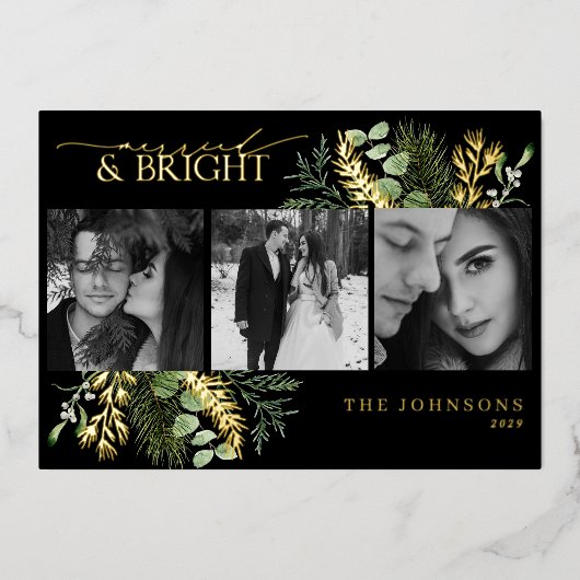 エレガント金ゴールド結婚したと明るい黒と白の写真 箔シーズンカード (正面)