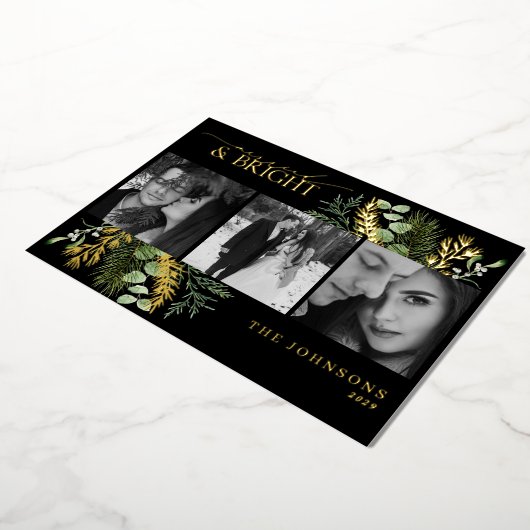 エレガント金ゴールド結婚したと明るい黒と白の写真 箔シーズンカード (回転した状態)