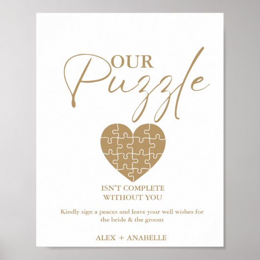 エレガント金ゴールド結婚のパズルゲストブックサイン ポスター (正面)