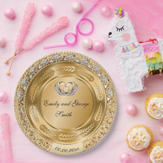 エレガント金ゴールド結婚のパーソナライズされた紙プレート ペーパープレート (パーティー)