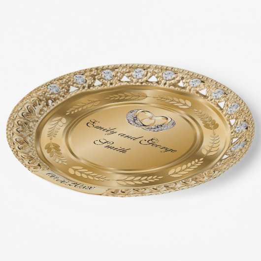 エレガント金ゴールド結婚のパーソナライズされた紙プレート ペーパープレート (アングル)