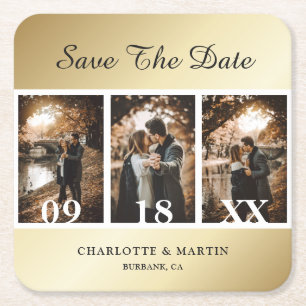 エレガント金ゴールド結婚の写真Save The Date Coasters スクエアペーパーコースター