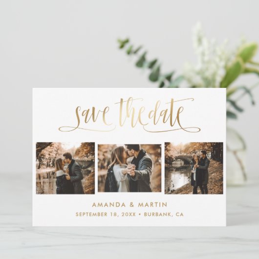 エレガント金ゴールド結婚の3枚の写真 セーブザデート (スタンド正面)