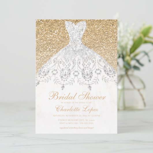 エレガント金ゴールド結婚グリッタードレスブライダルシャワー 招待状 (スタンド正面)