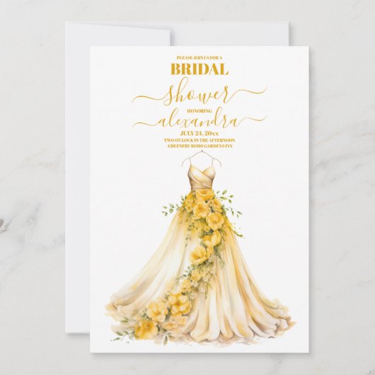 エレガント金ゴールド結婚フローラドレスブライダルシャワー 招待状 (正面)