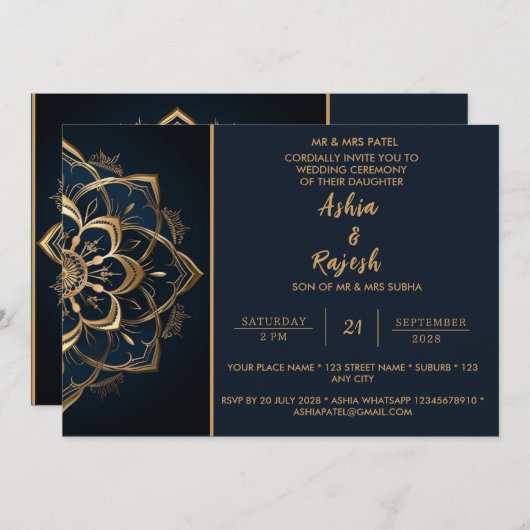 エレガント金ゴールド結婚式招待状 セーブザデート (正面/裏面)