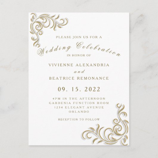 エレガント金ゴールド結婚式招待状 ポストカード (正面)