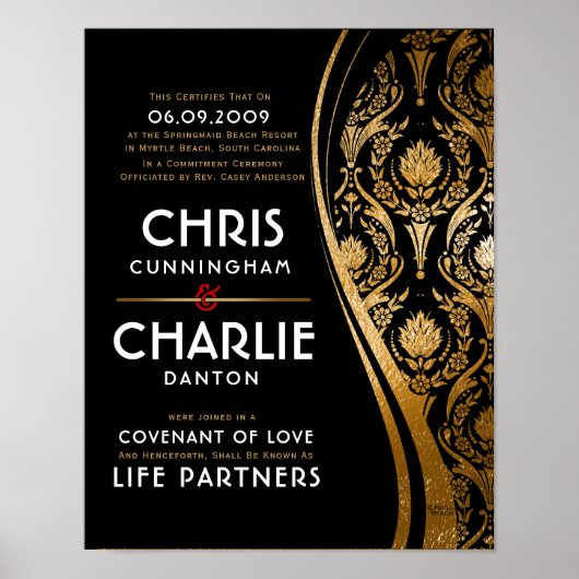 エレガント金ゴールド結婚白黒証明書 ポスター (正面)