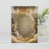 エレガント金ゴールド結晶シャンデリア日付の保存 招待状 (スタンド正面)