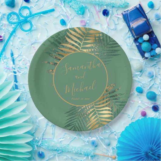 エレガント金ゴールド緑の熱帯葉植物結婚の ペーパープレート (パーティー)