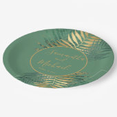 エレガント金ゴールド緑の熱帯葉植物結婚の ペーパープレート (アングル)