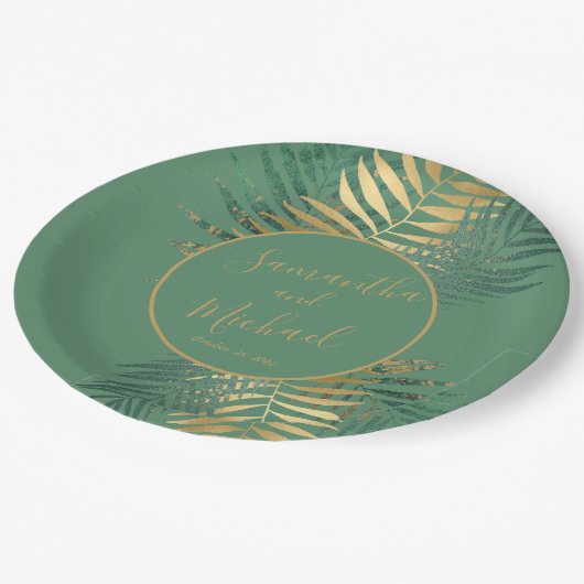 エレガント金ゴールド緑の熱帯葉植物結婚の ペーパープレート (アングル)