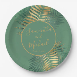 エレガント金ゴールド緑の熱帯葉植物結婚の ペーパープレート