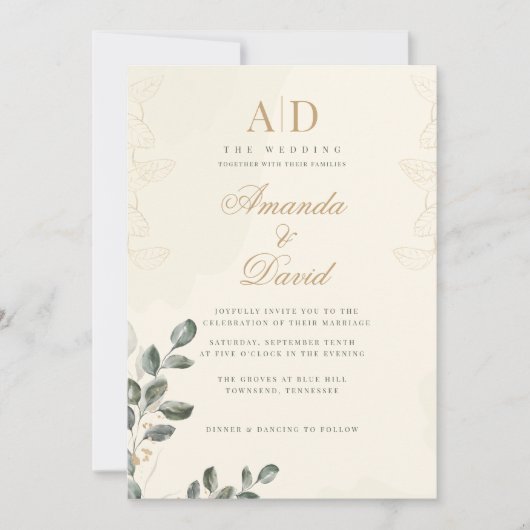 エレガント金ゴールド緑結婚式招待状 招待状 (正面)