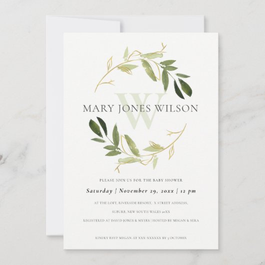 エレガント金ゴールド緑葉リースベビーシャワーカード サンキューカード (正面)