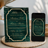 エレガント金ゴールド縁どエメラルド結婚ムスリム 招待状